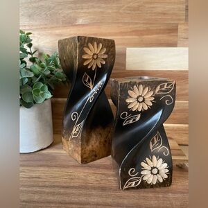 Hand Carved Mango Wood Candle Holders Mid-Century Modern Vintage